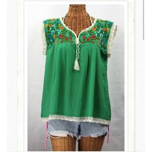 Siren La Marbrisa" Embroidered Mexican Style Peasant Blouse Top - Green + Fiesta